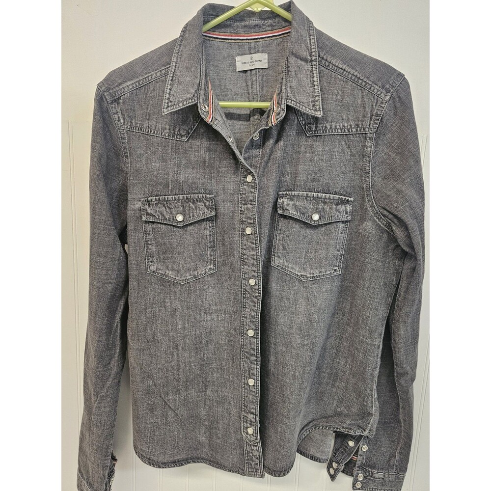 Thread & Supply Women Gray Denim Pearl Snap-Front Collared Long Sleeve Shirt S - Picture 3 of 5